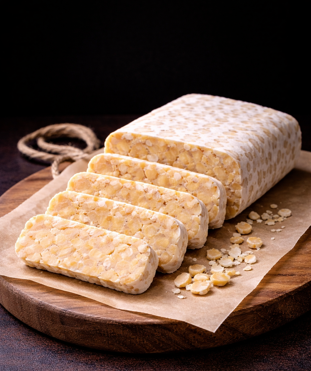 tempeh block close-up showing fermented soybeans bound by white mold